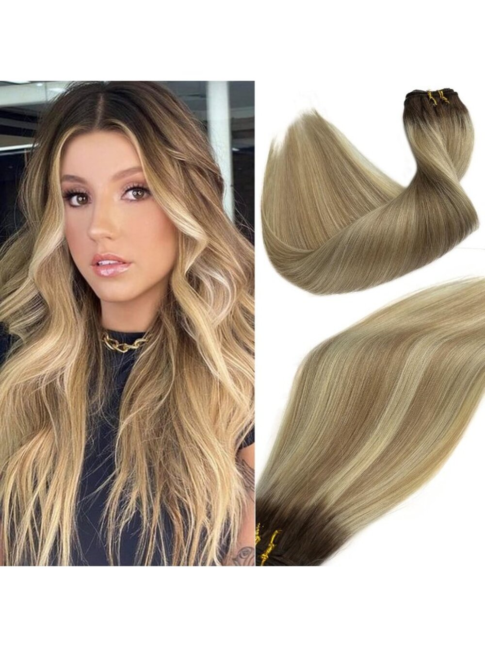 20-Inch Balayage Ombre Hair Extensions - Light Brown to Platinum Blonde Wefts